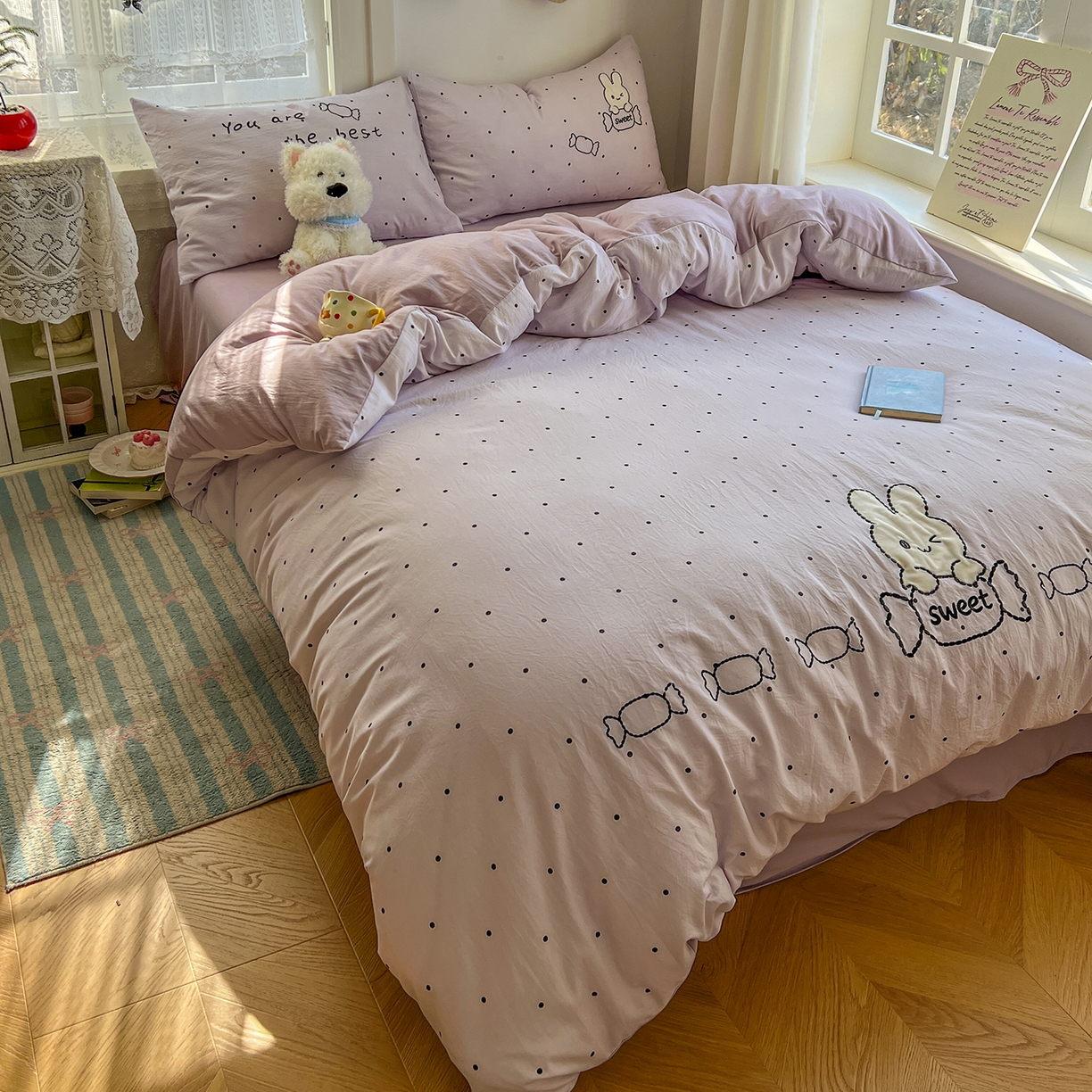 91家纺网 家纺一手货源 找家纺 贝凯瑞 2026新款仿棉木棉水洗棉绣花ins小清新床裙床单款四件套-糖果兔系列 糖果兔-芋泥紫