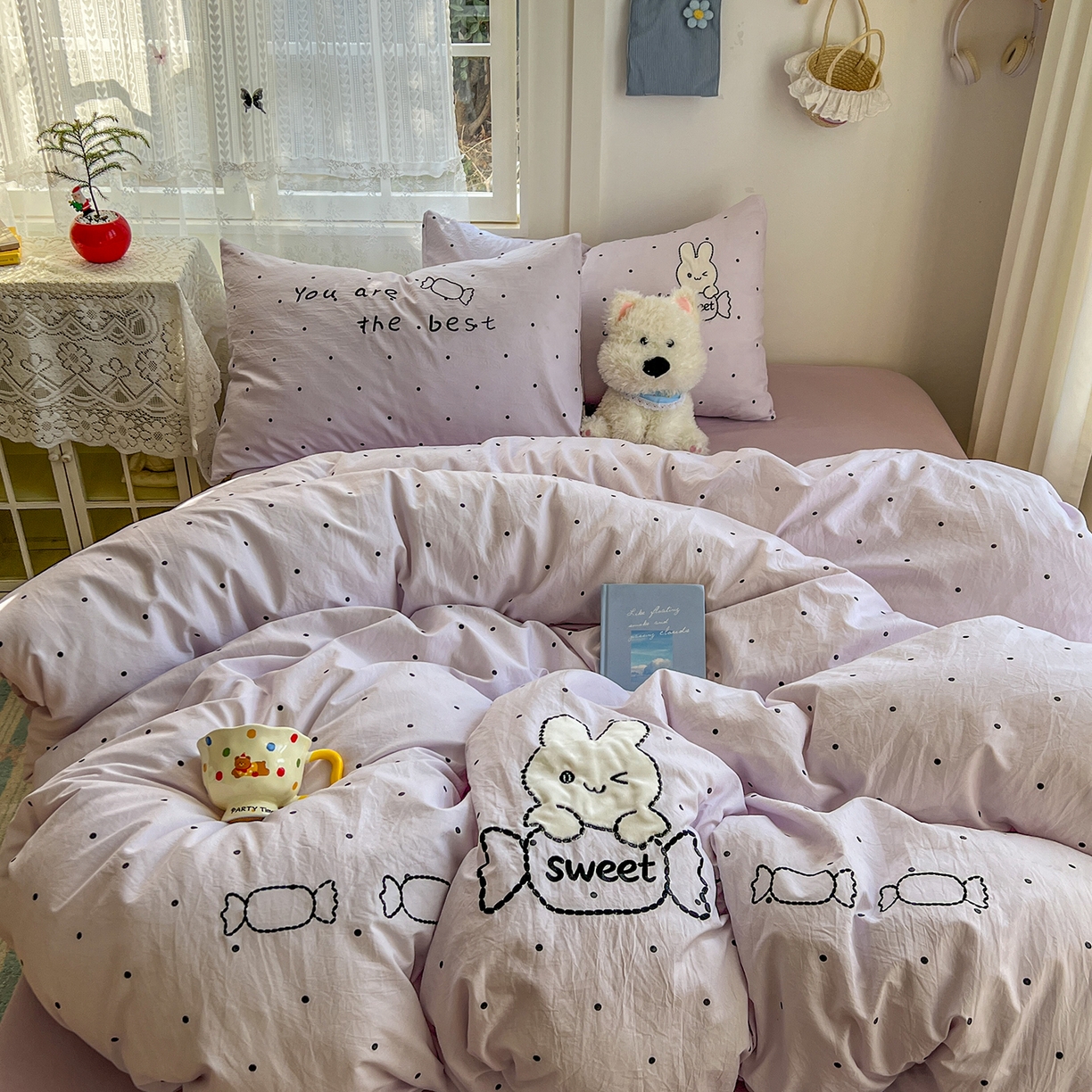 91家纺网 家纺一手货源 找家纺 贝凯瑞 2026新款仿棉木棉水洗棉绣花ins小清新床裙床单款四件套-糖果兔系列 糖果兔-芋泥紫