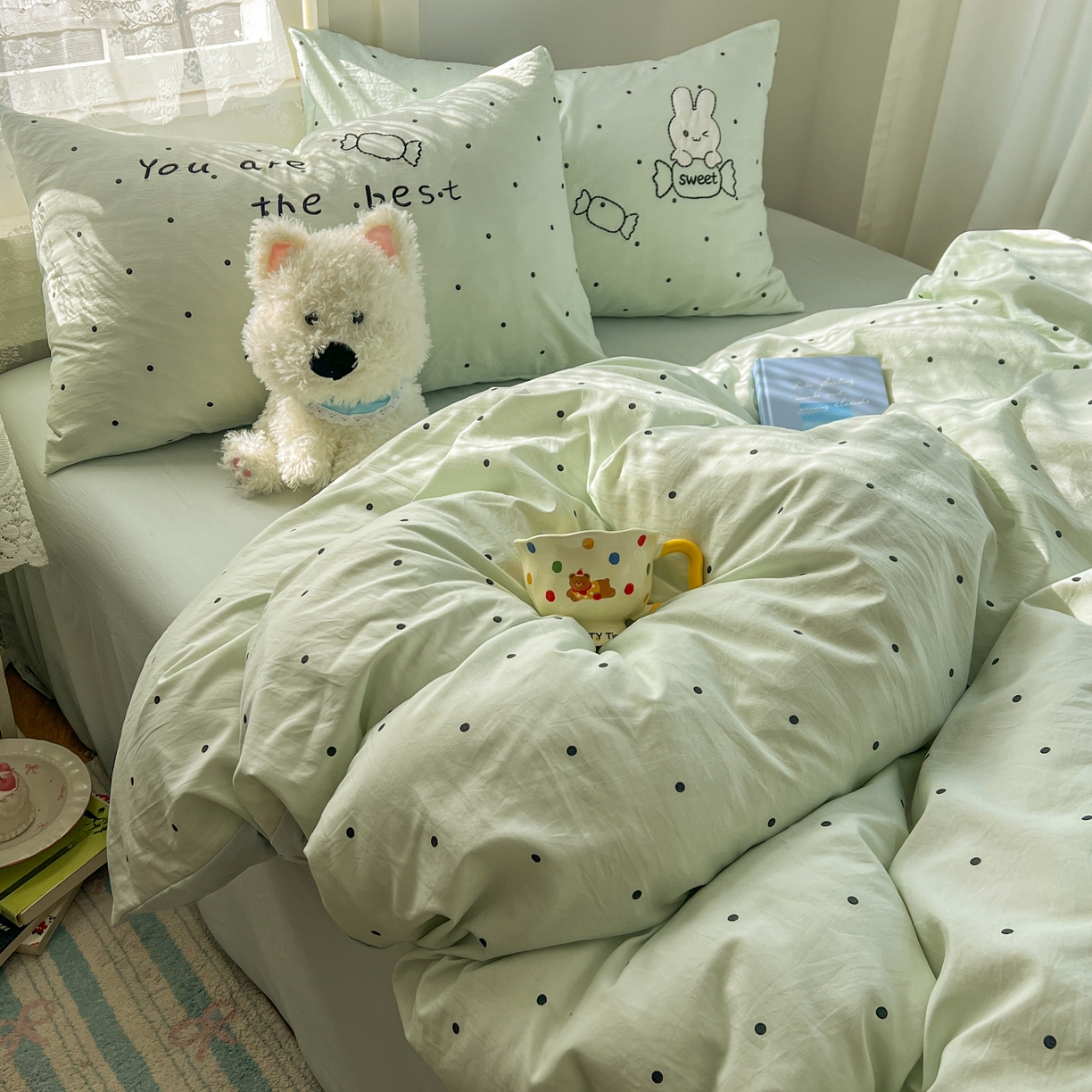 91家纺网 家纺一手货源 找家纺 贝凯瑞 2026新款仿棉木棉水洗棉绣花ins小清新床裙床单款四件套-糖果兔系列 糖果兔-薄荷绿