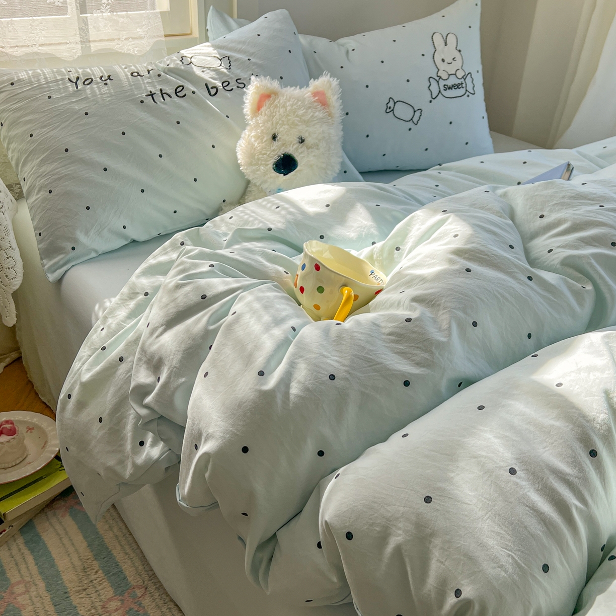 91家纺网 家纺一手货源 找家纺 （总）贝凯瑞 2026新款仿棉木棉水洗棉绣花ins小清新床裙床单款四件套-糖果兔系列