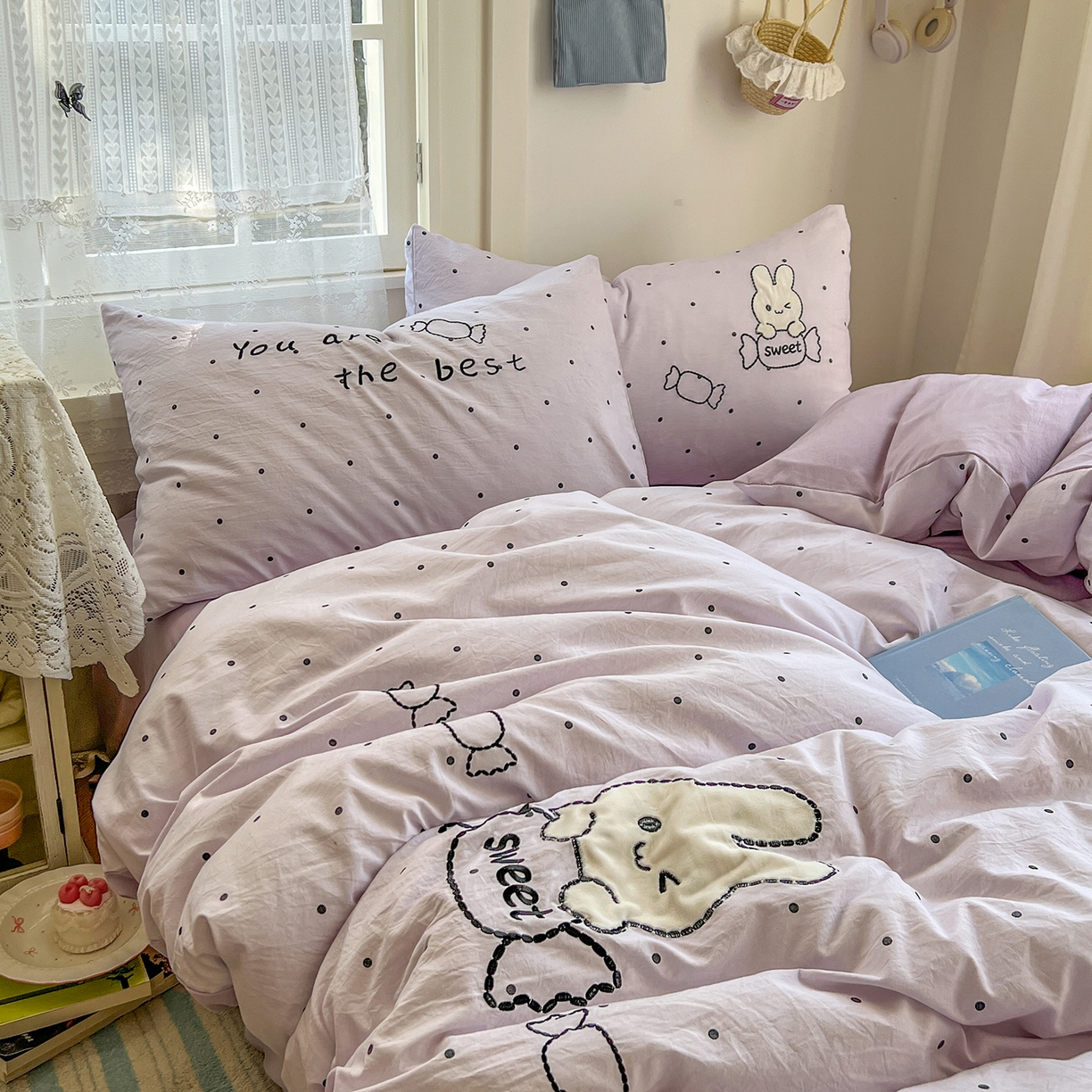 91家纺网 家纺一手货源 找家纺 贝凯瑞 2026新款仿棉木棉水洗棉绣花ins小清新床裙床单款四件套-糖果兔系列 糖果兔-芋泥紫