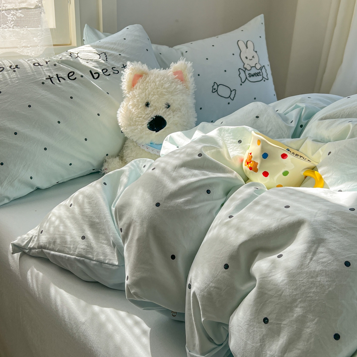 91家纺网 家纺一手货源 找家纺 贝凯瑞 2026新款仿棉木棉水洗棉绣花ins小清新床裙床单款四件套-糖果兔系列 糖果兔-天空蓝