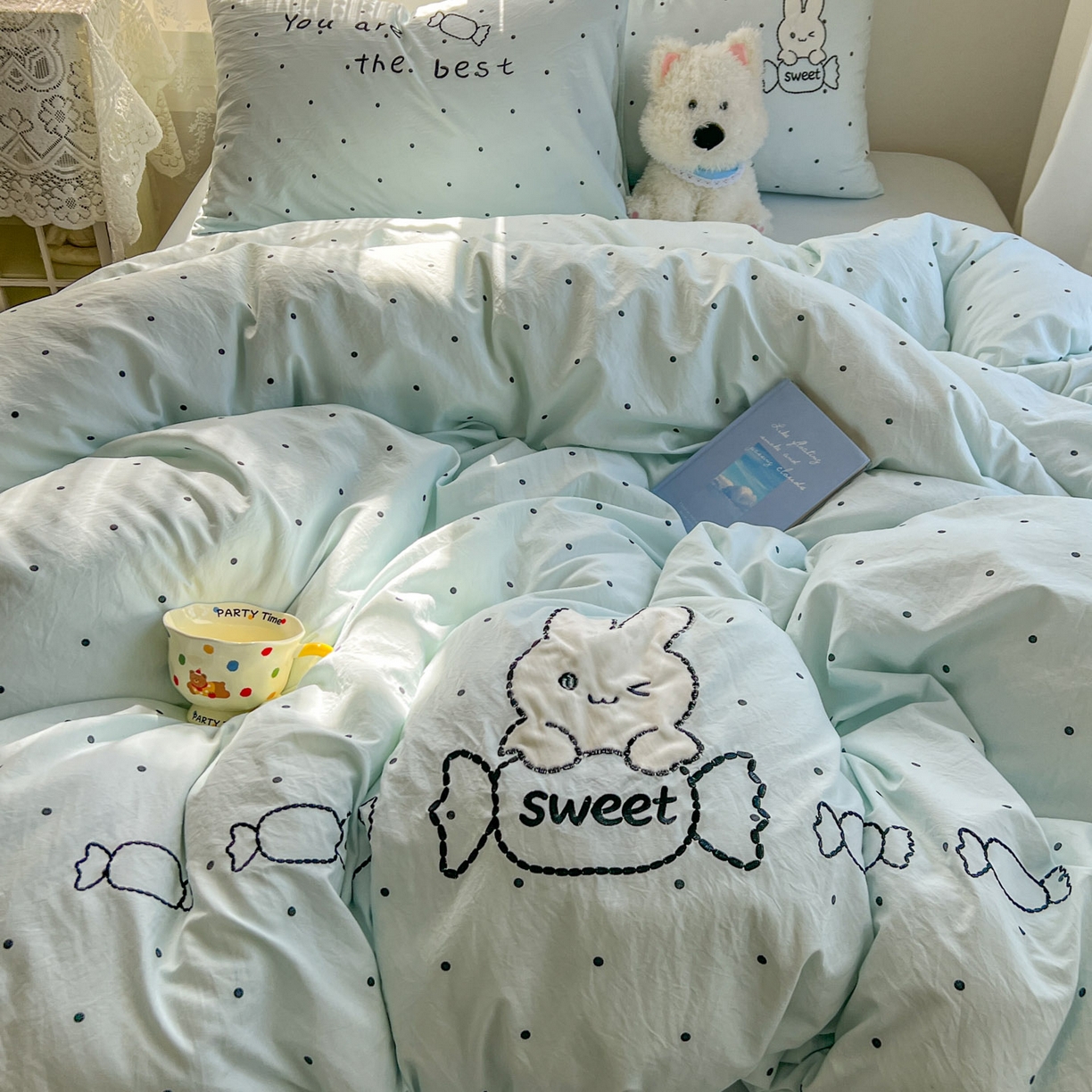 贝凯瑞 2026新款仿棉木棉水洗棉绣花ins小清新床裙床单款四件套-糖果兔系列 糖果兔-天空蓝
