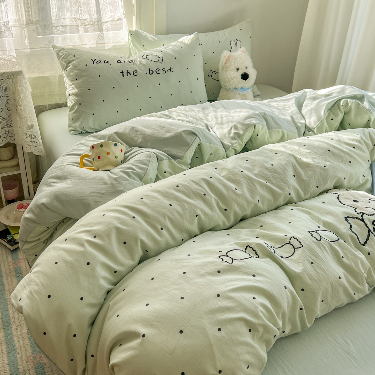 91家纺网 家纺一手货源 找家纺 贝凯瑞 2026新款仿棉木棉水洗棉绣花ins小清新床裙床单款四件套-糖果兔系列 糖果兔-薄荷绿