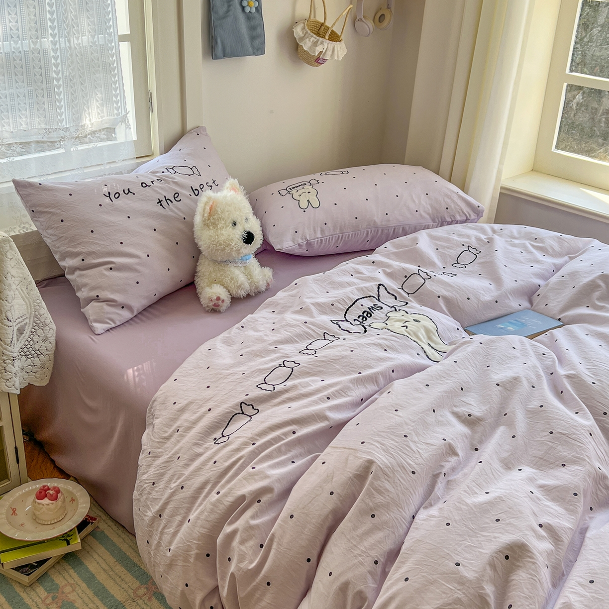 91家纺网 家纺一手货源 找家纺 贝凯瑞 2026新款仿棉木棉水洗棉绣花ins小清新床裙床单款四件套-糖果兔系列 糖果兔-芋泥紫