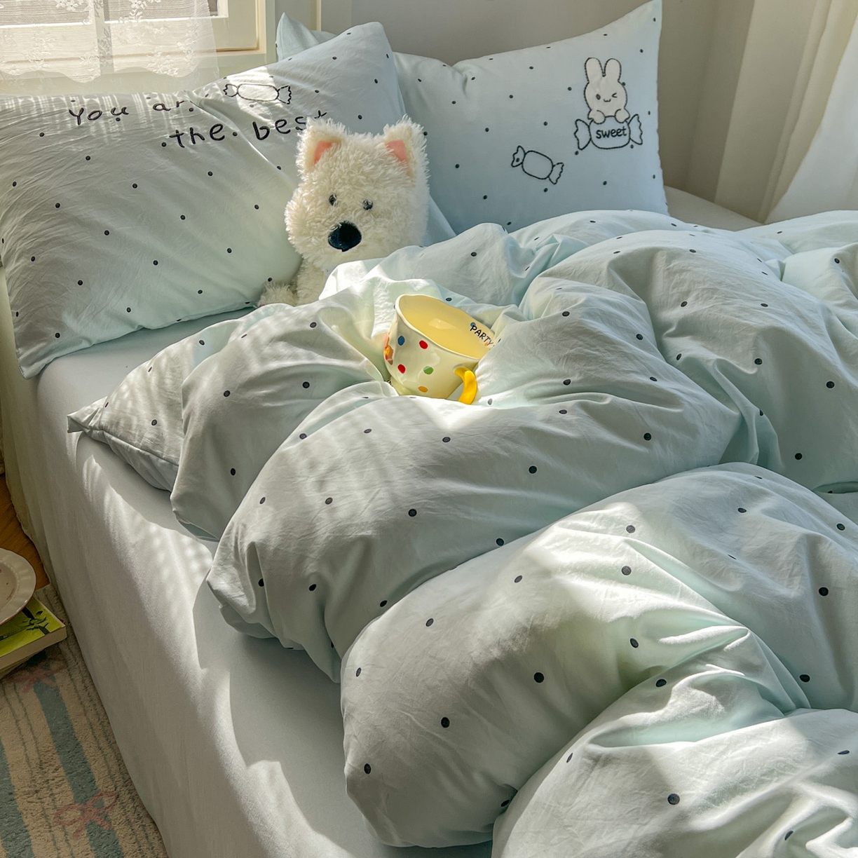 91家纺网 家纺一手货源 找家纺 贝凯瑞 2026新款仿棉木棉水洗棉绣花ins小清新床裙床单款四件套-糖果兔系列 糖果兔-天空蓝