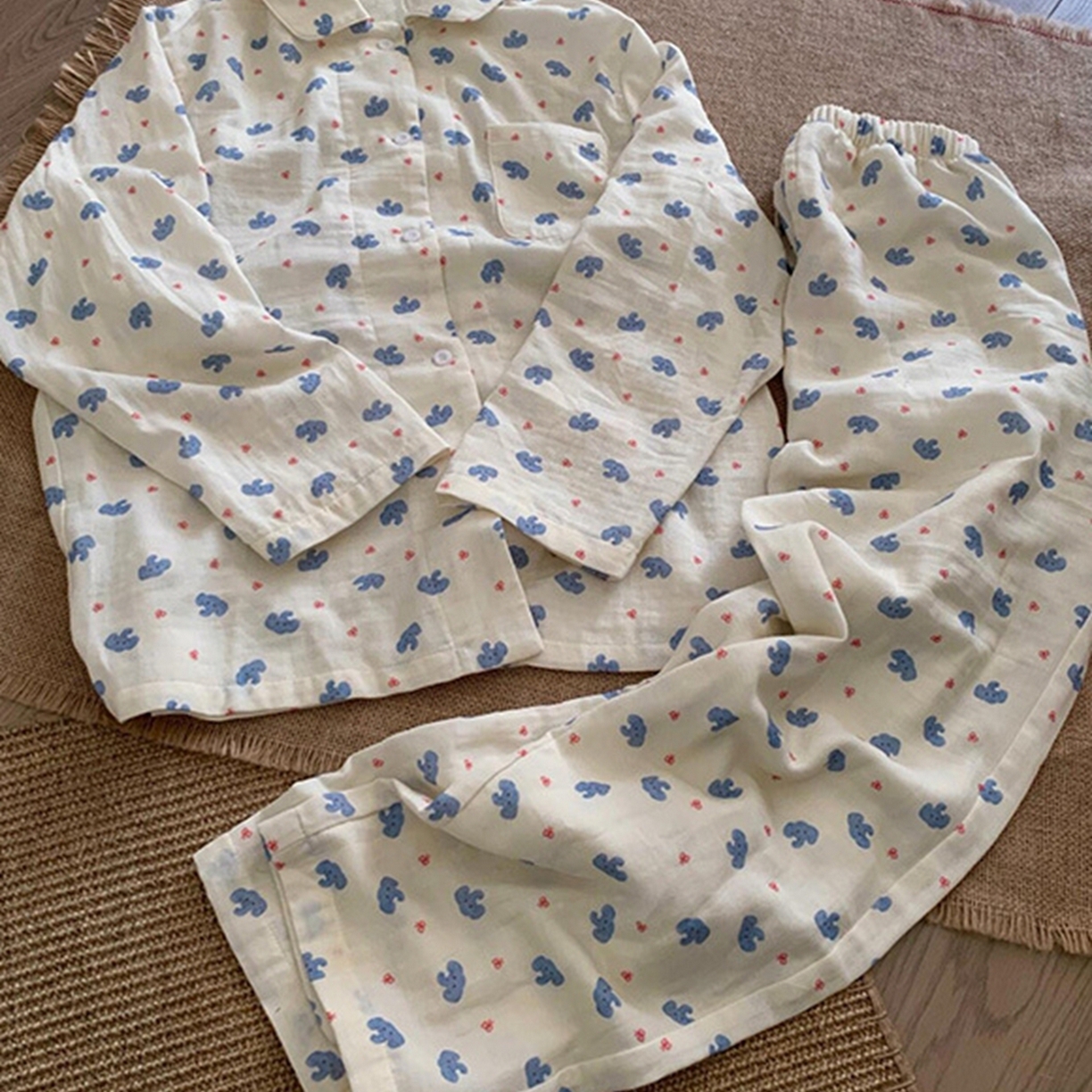 91家纺网 家纺一手货源 找家纺 妍景家居生活馆 2026新款全棉纯棉双层纱睡衣 蝴蝶结小象