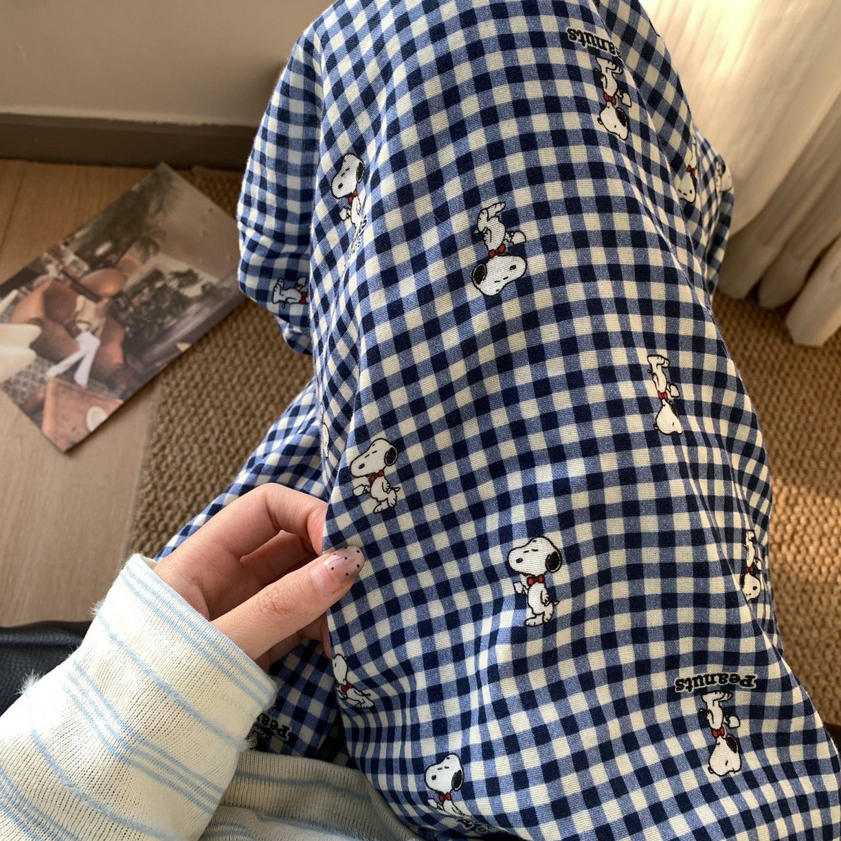 91家纺网 家纺一手货源 找家纺 妍景家居生活馆 2026新款全棉纯棉双层纱睡衣 蓝格史努比