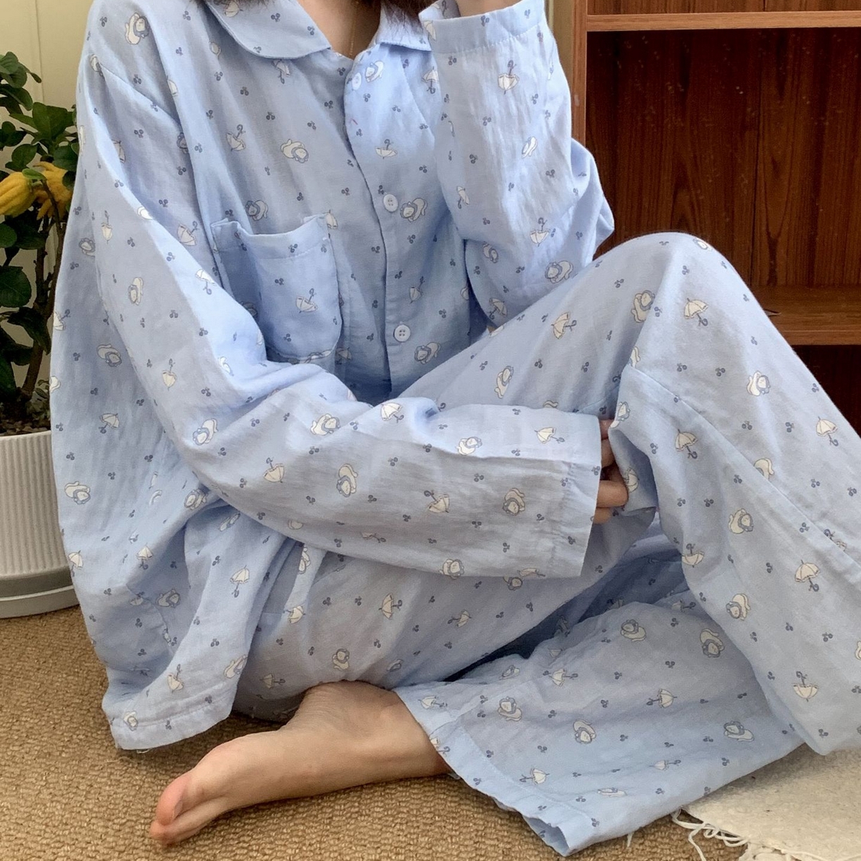 妍景家居生活馆 2026新款全棉纯棉双层纱睡衣 蓝色雨伞小猫