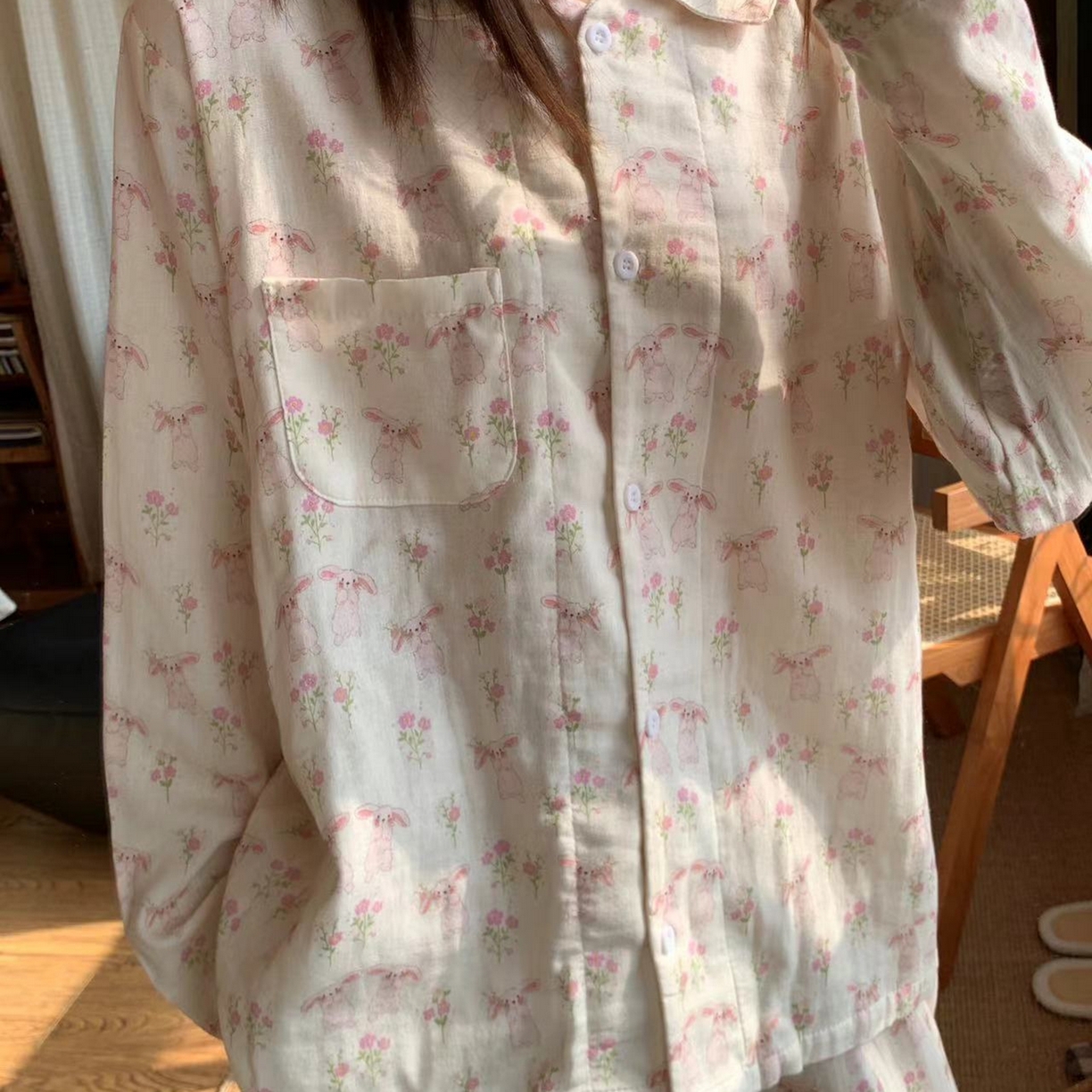 妍景家居生活馆 2026新款全棉纯棉双层纱睡衣 米色碎花小兔