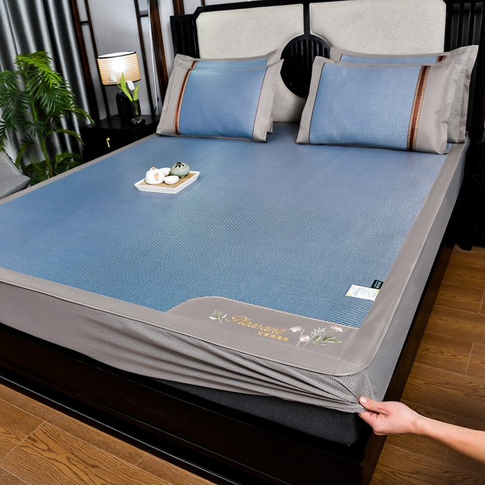 91家纺网 家纺一手货源 找家纺 小牛席业 2026新款艾草清香冰藤-双面席系列（床笠款） 艾草清香冰藤席系列（床笠款）-海蓝