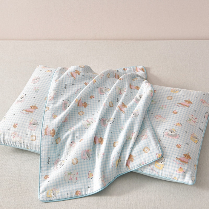 91家纺网 家纺一手货源 找家纺 小桃姐家纺 2025新款全棉纯棉双层纱枕套卡通纯棉儿童枕套30*50cm 学生枕套40*60 蓝色小狗