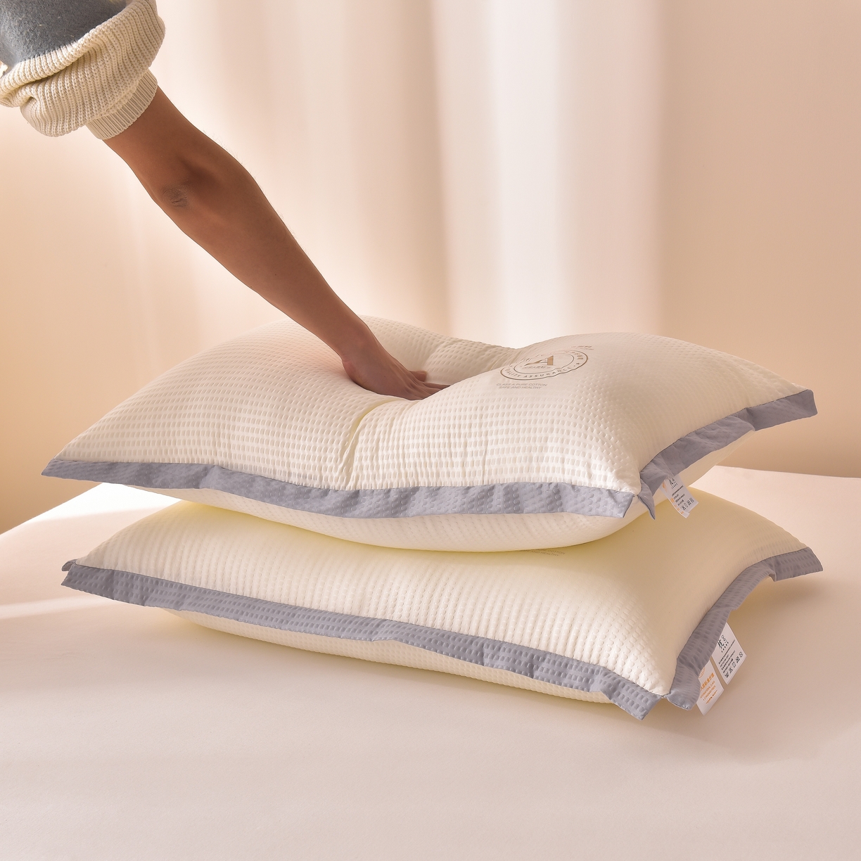 91家纺网 家纺一手货源 找家纺 小桃姐家纺 2025新款柔软透气云朵泡泡纱枕头枕芯 云朵泡泡纱枕-米白色-低枕