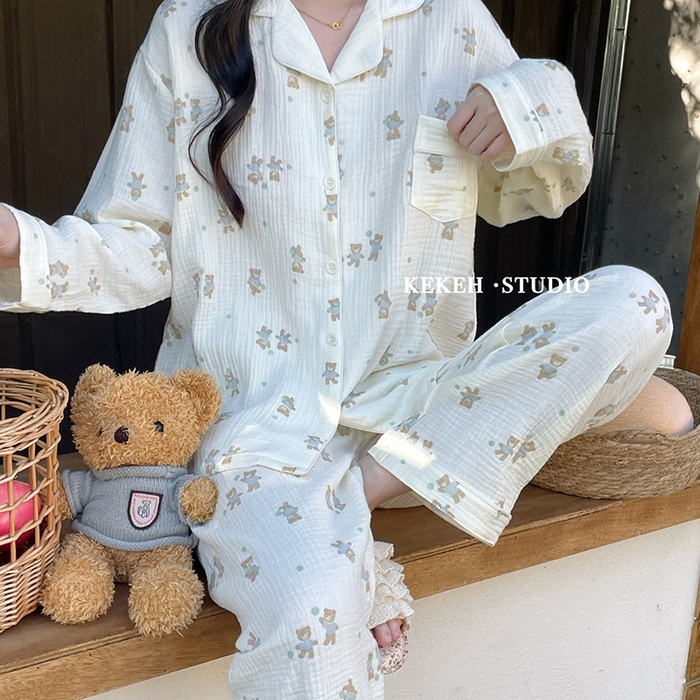 91家纺网 家纺一手货源 找家纺 妍景家居生活馆 2026新款翻领绉绉纱套装 蓝色小熊