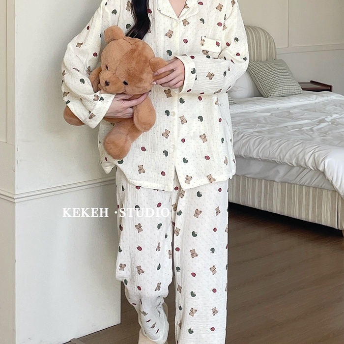 91家纺网 家纺一手货源 找家纺 妍景家居生活馆 2026新款翻领绉绉纱套装 蔬菜小熊