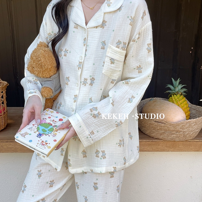 91家纺网 家纺一手货源 找家纺 妍景家居生活馆 2026新款翻领绉绉纱套装 蓝色小熊