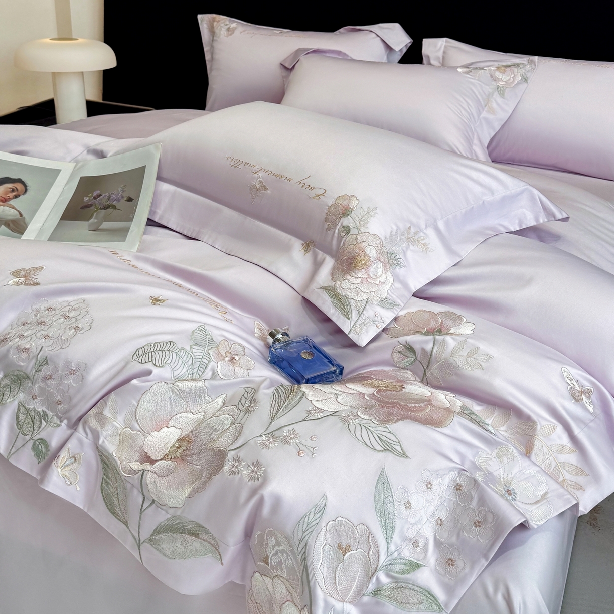 91家纺网 家纺一手货源 找家纺 星蕴家纺 2026新款贡缎50长绒棉绣花四件套-玛格丽 梦幻紫