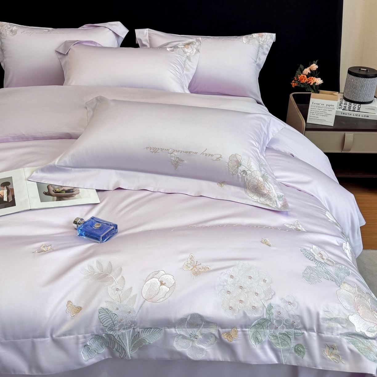 91家纺网 家纺一手货源 找家纺 星蕴家纺 2026新款贡缎50长绒棉绣花四件套-玛格丽 梦幻紫