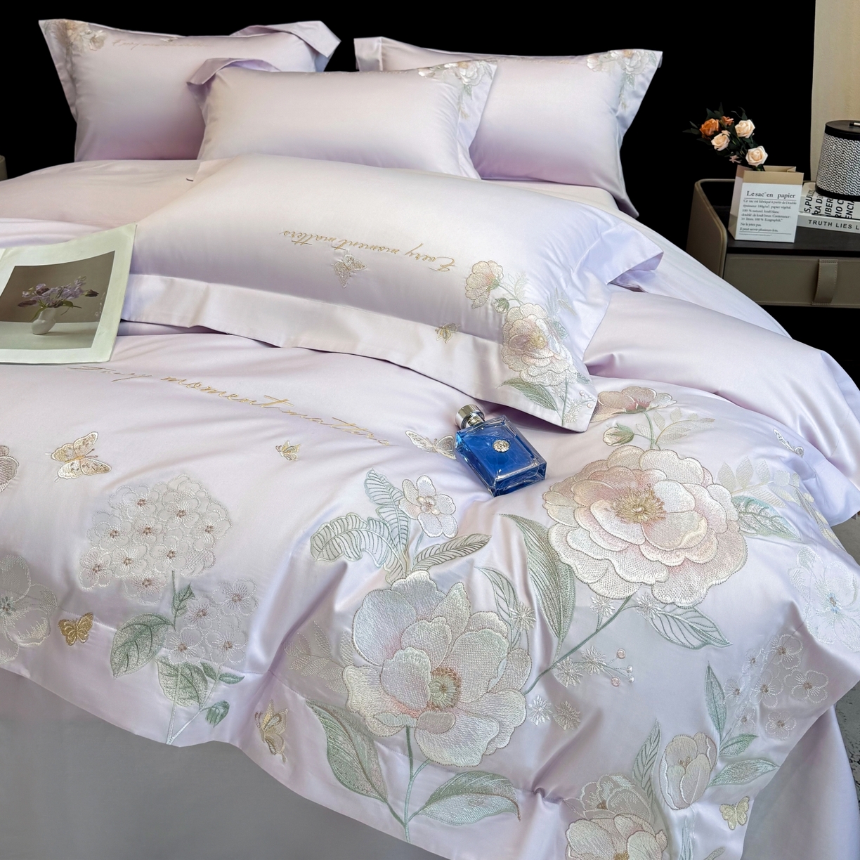 91家纺网 家纺一手货源 找家纺 星蕴家纺 2026新款贡缎50长绒棉绣花四件套-玛格丽 梦幻紫