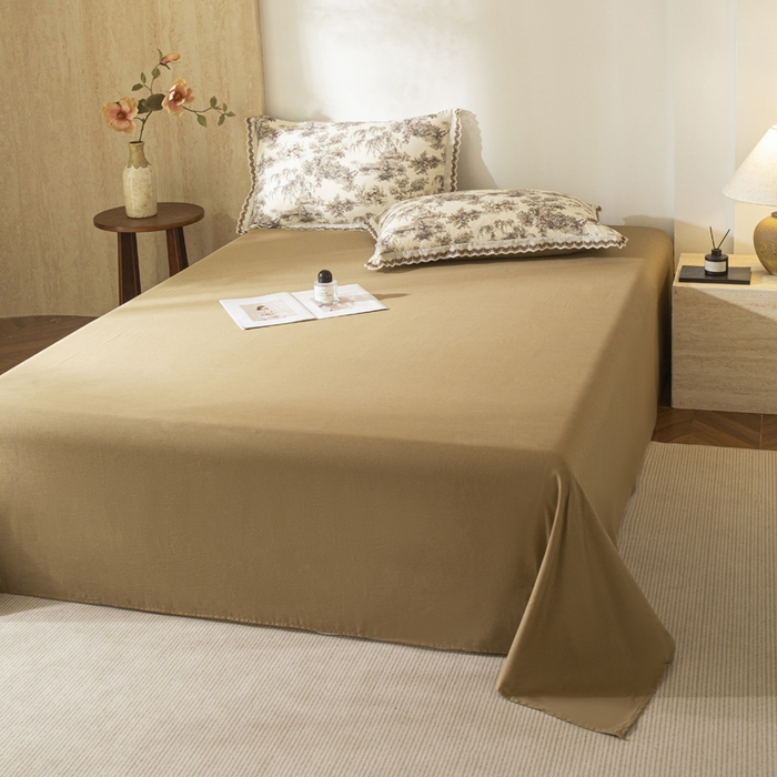 91家纺网 家纺一手货源 找家纺 优米家纺 2026新款棉麻印花床单单件床单单品 杏仁咖