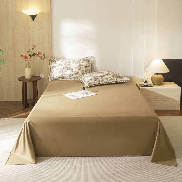 91家纺网 家纺一手货源 找家纺 优米家纺 2026新款棉麻印花床单单件床单单品 杏仁咖