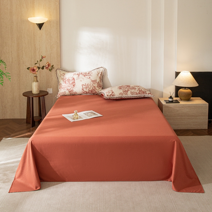 91家纺网 家纺一手货源 找家纺 优米家纺 2026新款棉麻印花床单单件床单单品 海滩红