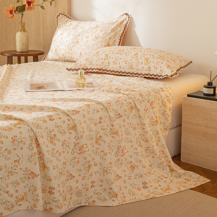 91家纺网 家纺一手货源 找家纺 优米家纺 2026新款棉麻印花床单单件床单单品 七彩童话