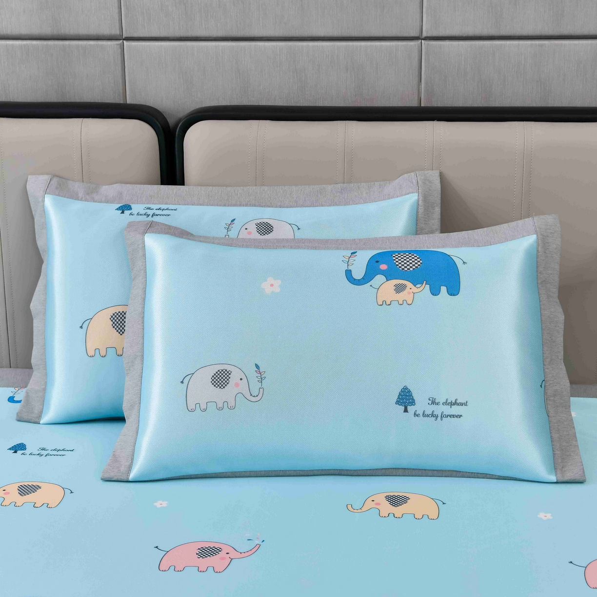 91家纺网 家纺一手货源 找家纺 小牛席业 2026新款碳光凉感印花冰丝凉枕套单枕套枕套单件系列 可爱小象