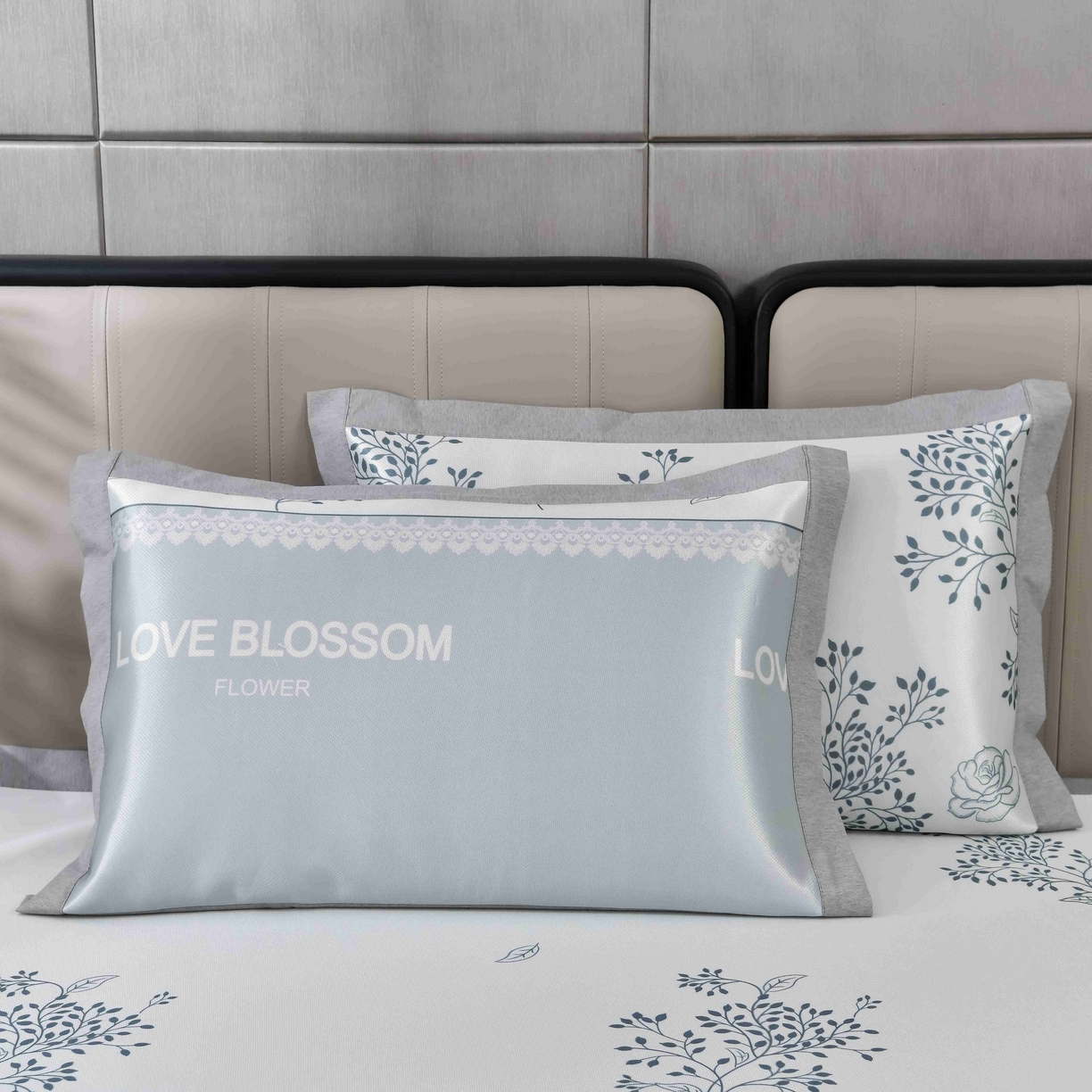 91家纺网 家纺一手货源 找家纺 小牛席业 2026新款碳光凉感印花冰丝凉枕套单枕套枕套单件系列 清新叶语-灰