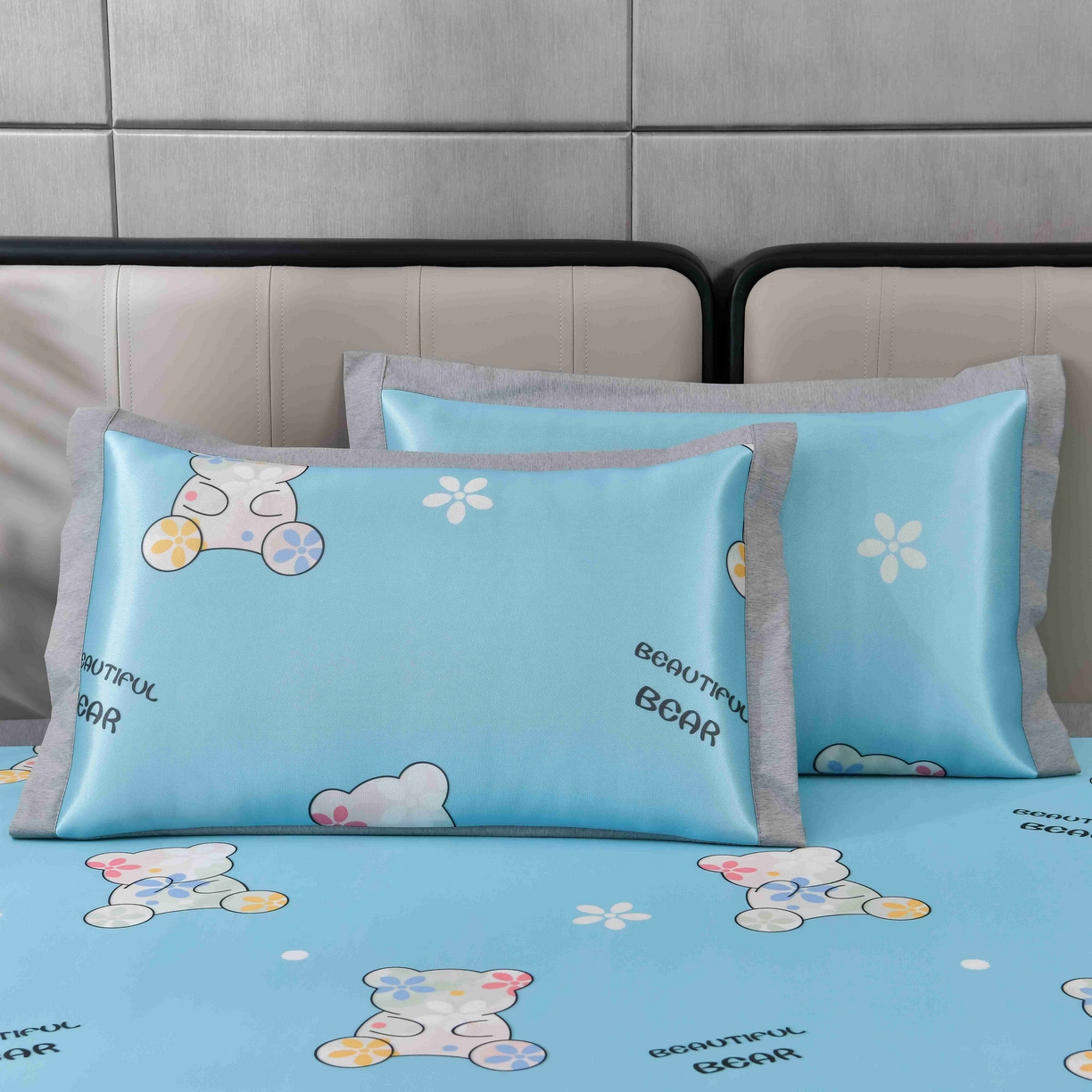 小牛席业 2026新款碳光凉感印花冰丝凉枕套单枕套枕套单件系列 花纹小熊