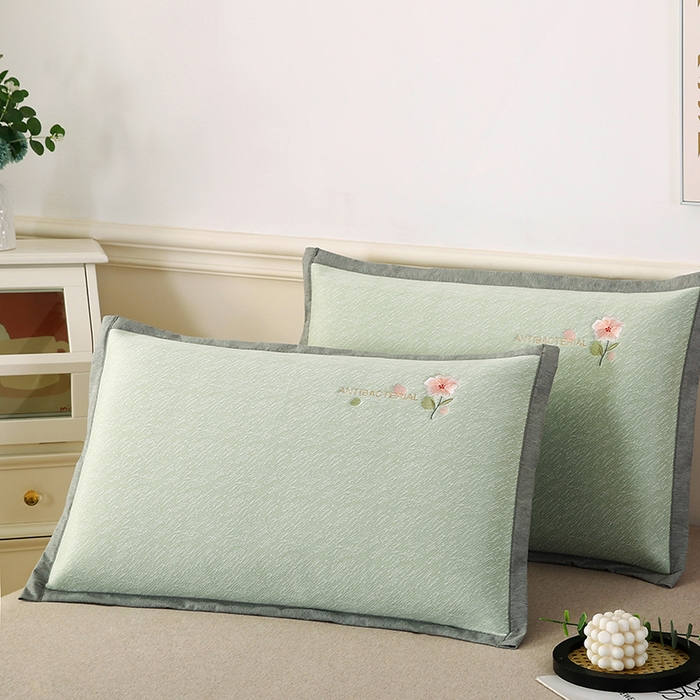 91家纺网 家纺一手货源 找家纺 小牛席业 2026新款鲜花刺绣凉感冰丝枕套单枕套枕套单件 鲜花凉感冰丝枕套-绿色