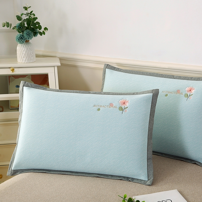 91家纺网 家纺一手货源 找家纺 小牛席业 2026新款鲜花刺绣凉感冰丝枕套单枕套枕套单件 鲜花凉感冰丝枕套-蓝色