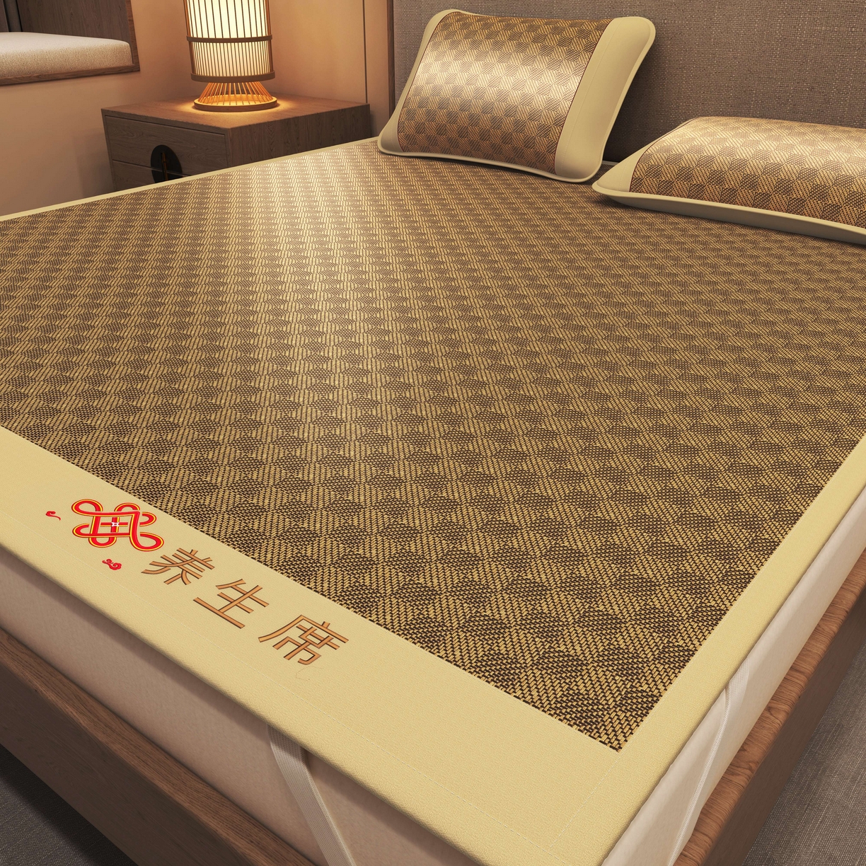 小桃姐家纺 2025新款舒适艾草刺绣藤席养身席单面席中国风凉席席子 吉祥结-经典格