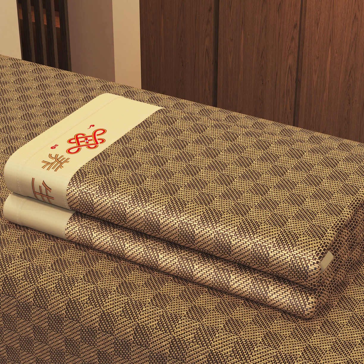 91家纺网 家纺一手货源 找家纺 小桃姐家纺 2025新款舒适艾草刺绣藤席养身席单面席中国风凉席席子 吉祥结-经典格