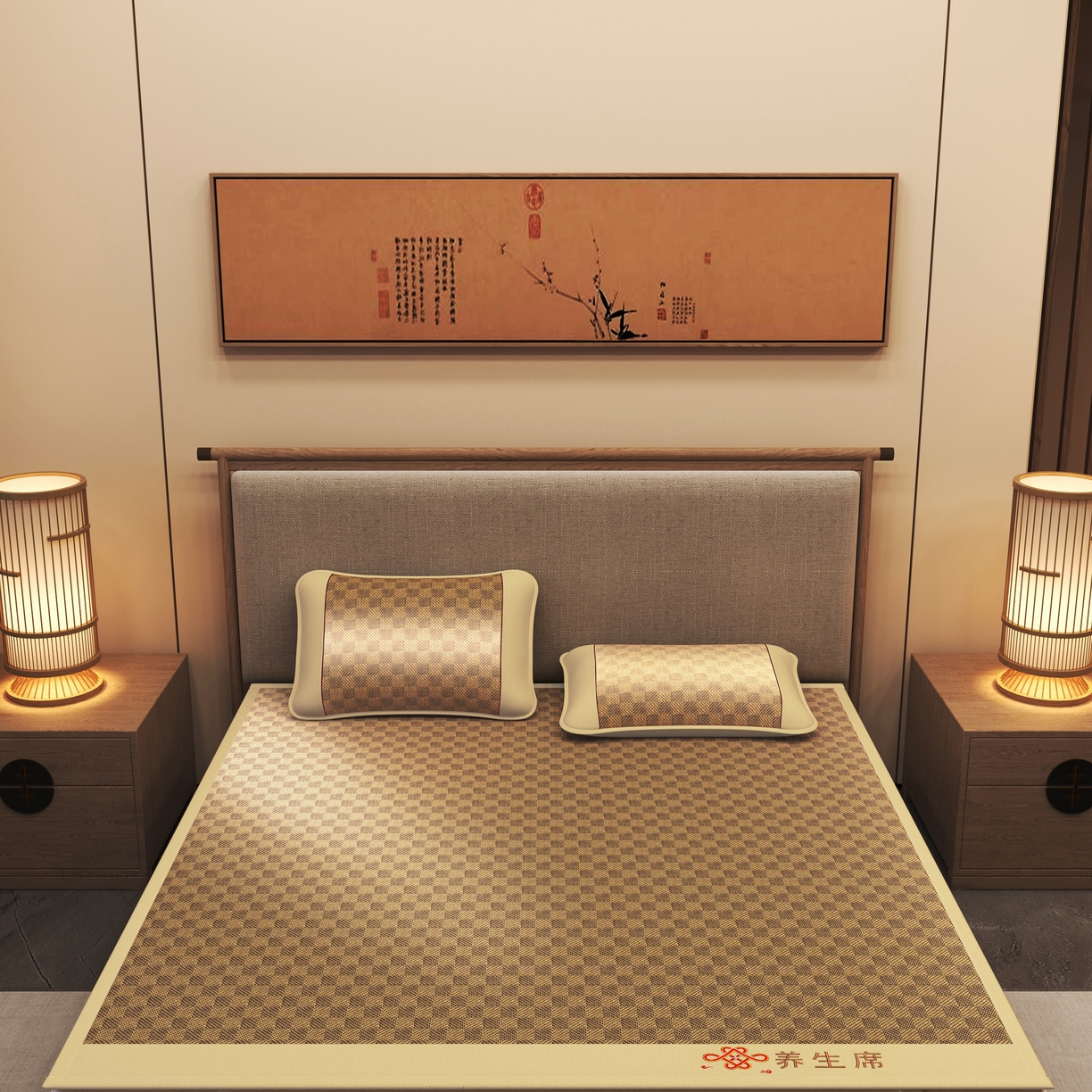 91家纺网 家纺一手货源 找家纺 小桃姐家纺 2025新款舒适艾草刺绣藤席养身席单面席中国风凉席席子 吉祥结-经典格