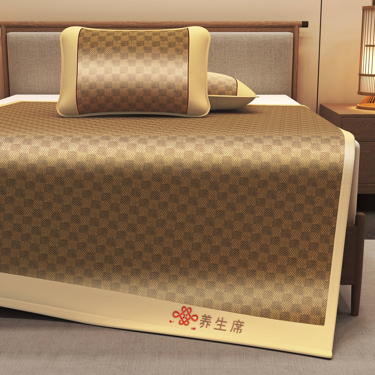 91家纺网 家纺一手货源 找家纺 小桃姐家纺 2025新款舒适艾草刺绣藤席养身席单面席中国风凉席席子 吉祥结-经典格