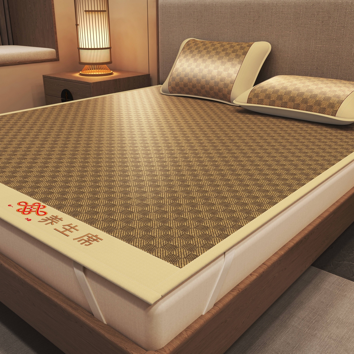 91家纺网 家纺一手货源 找家纺 小桃姐家纺 2025新款舒适艾草刺绣藤席养身席单面席中国风凉席席子 吉祥结-经典格