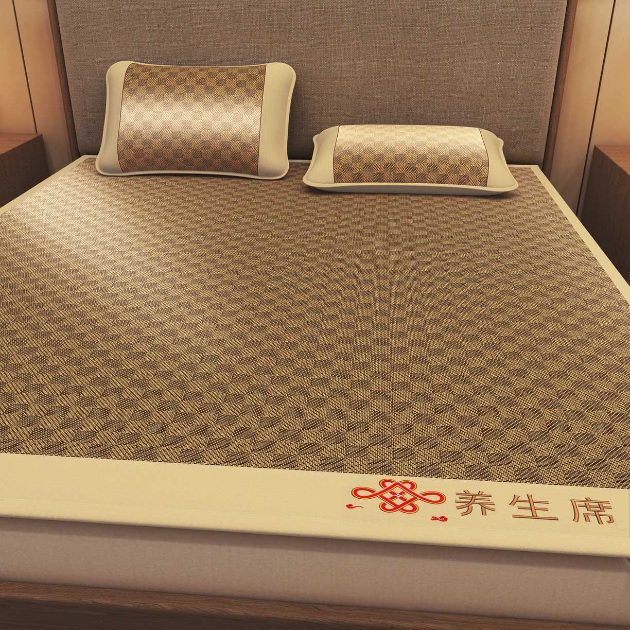 91家纺网 家纺一手货源 找家纺 小桃姐家纺 2025新款舒适艾草刺绣藤席养身席单面席中国风凉席席子 吉祥结-经典格