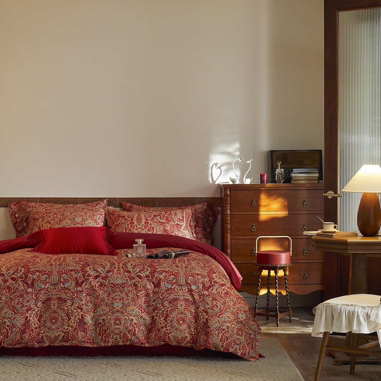 91家纺网 家纺一手货源 找家纺 三味舒屋 2026新款典藏印花婚庆50支双股长绒棉全棉四件套 佩斯利