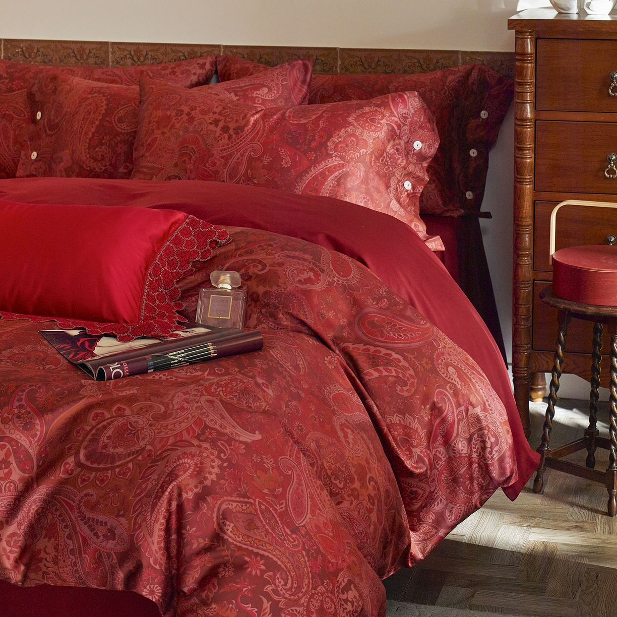 91家纺网 家纺一手货源 找家纺 三味舒屋 2026新款典藏印花婚庆50支双股长绒棉全棉四件套 温妮莎