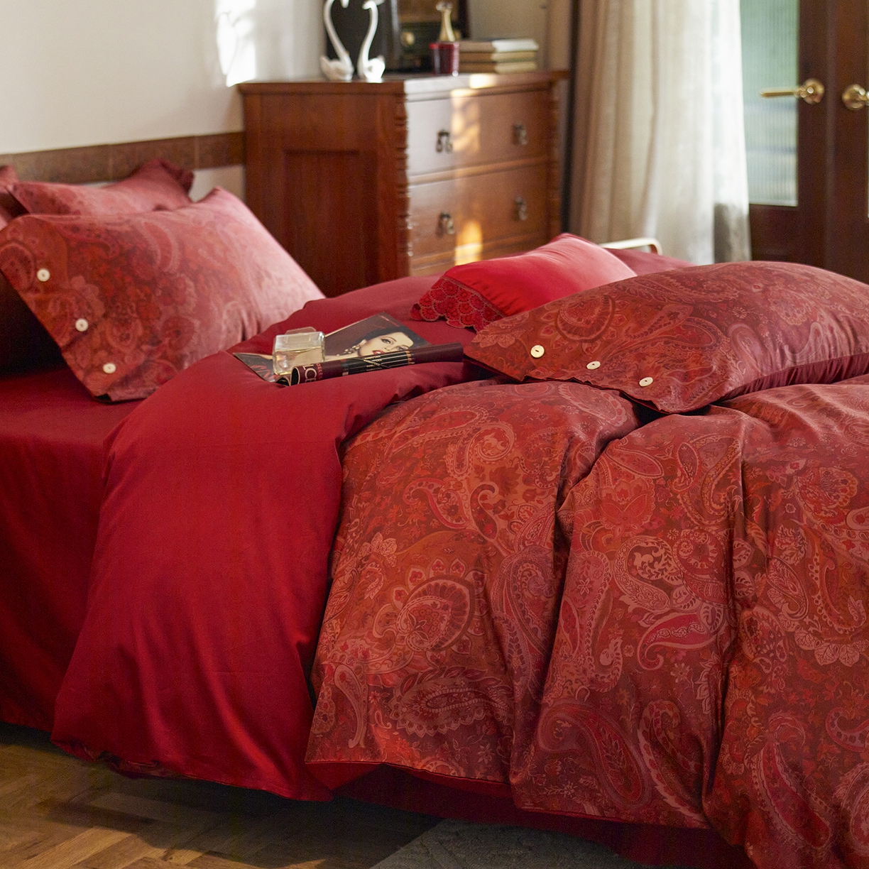 91家纺网 家纺一手货源 找家纺 三味舒屋 2026新款典藏印花婚庆50支双股长绒棉全棉四件套 温妮莎