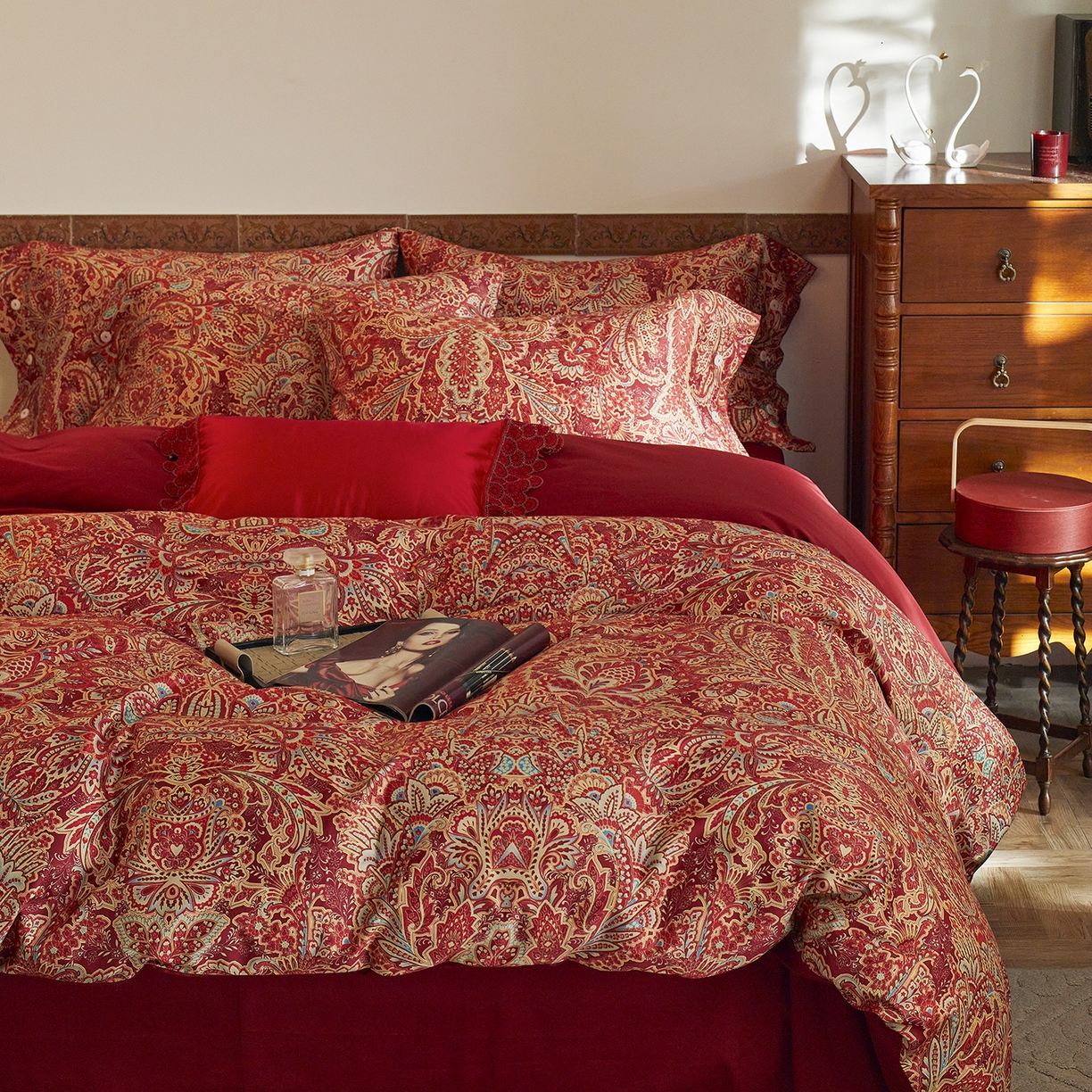 91家纺网 家纺一手货源 找家纺 三味舒屋 2026新款典藏印花婚庆50支双股长绒棉全棉四件套 佩斯利