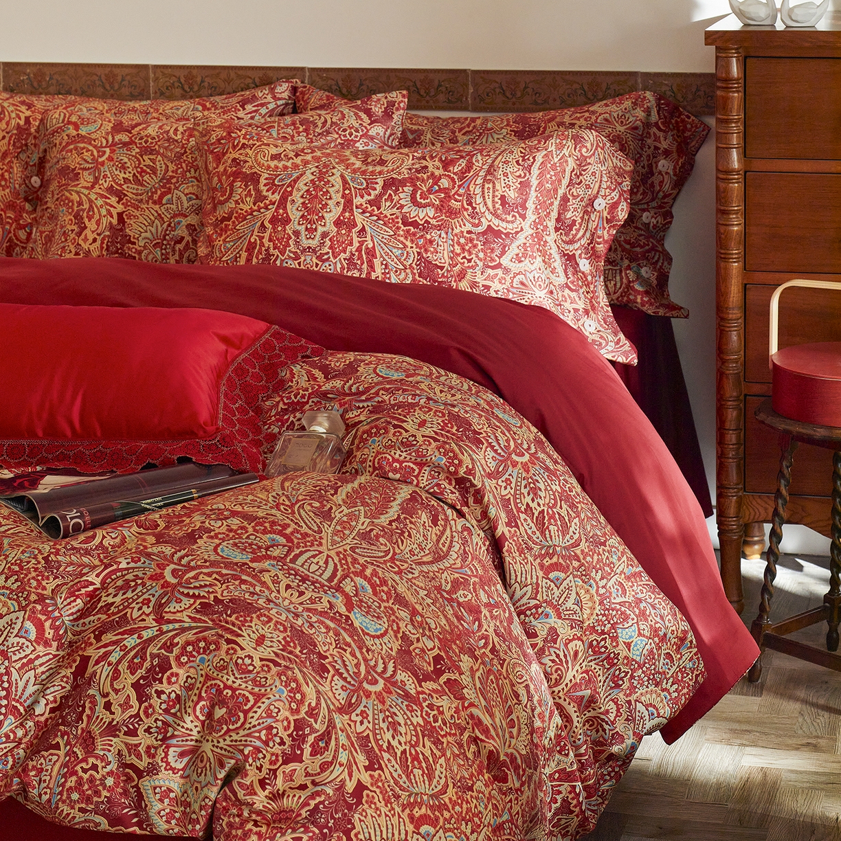 91家纺网 家纺一手货源 找家纺 三味舒屋 2026新款典藏印花婚庆50支双股长绒棉全棉四件套 佩斯利