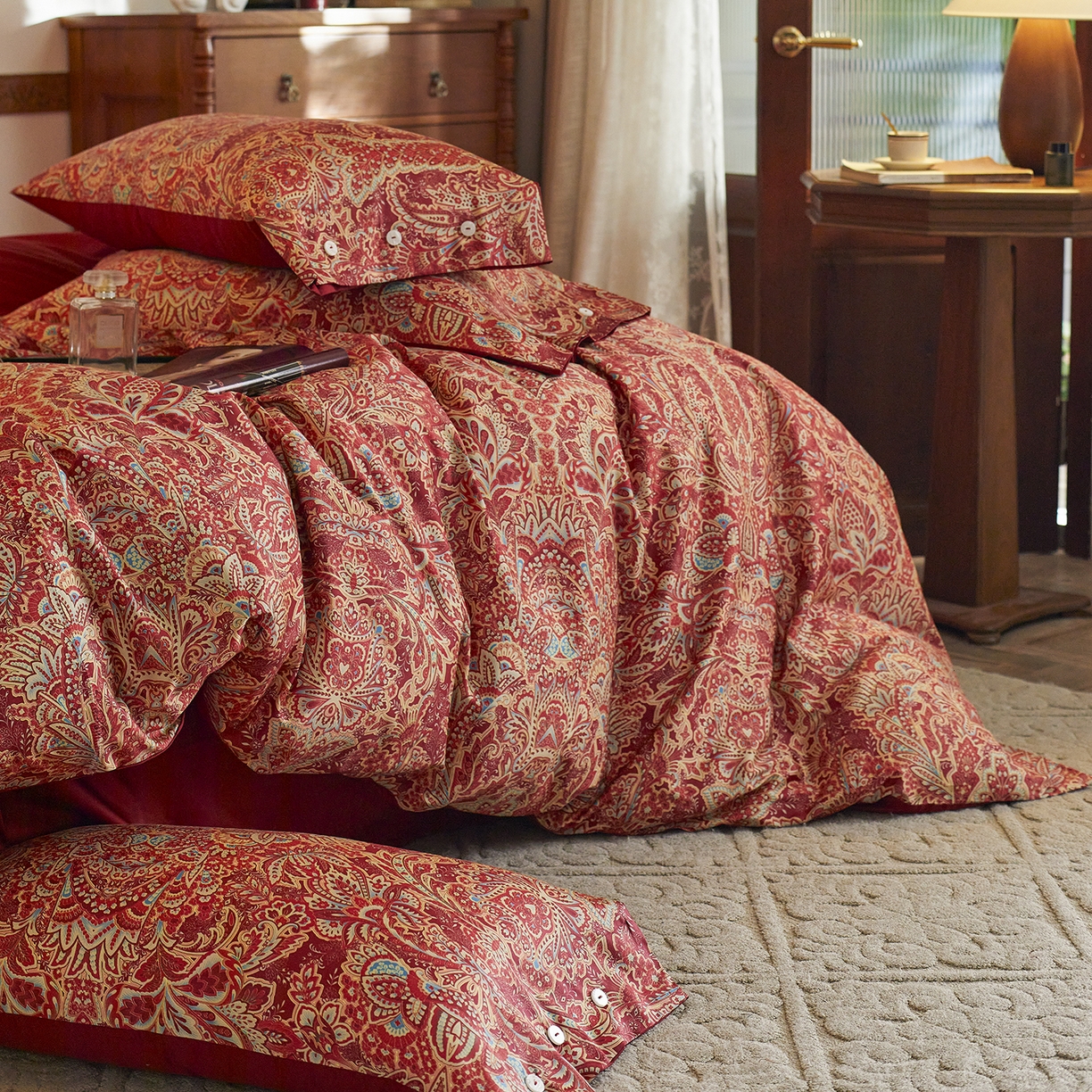 91家纺网 家纺一手货源 找家纺 三味舒屋 2026新款典藏印花婚庆50支双股长绒棉全棉四件套 佩斯利