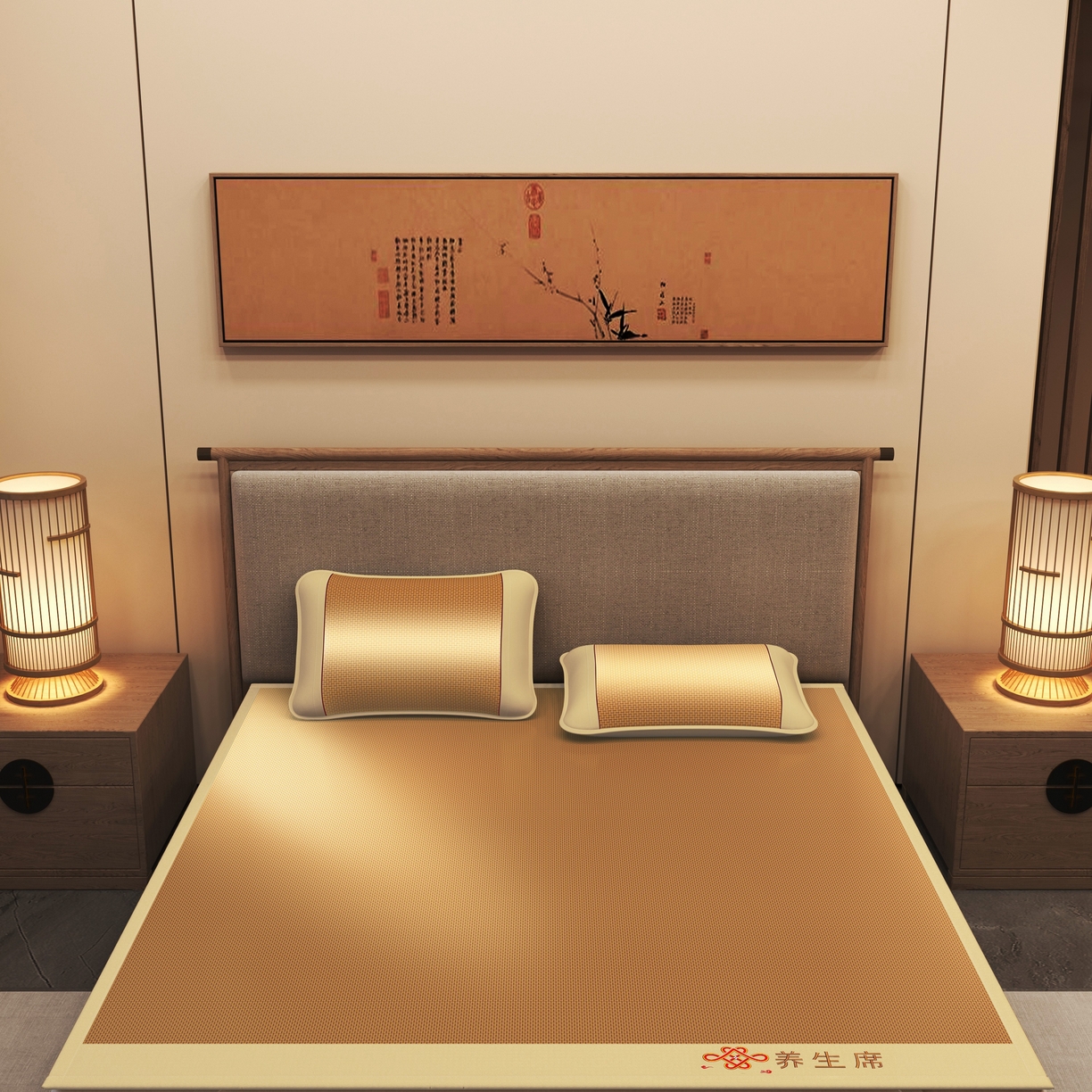 91家纺网 家纺一手货源 找家纺 小桃姐家纺 2025新款舒适艾草刺绣藤席养身席单面席中国风凉席席子 吉祥结-步步高