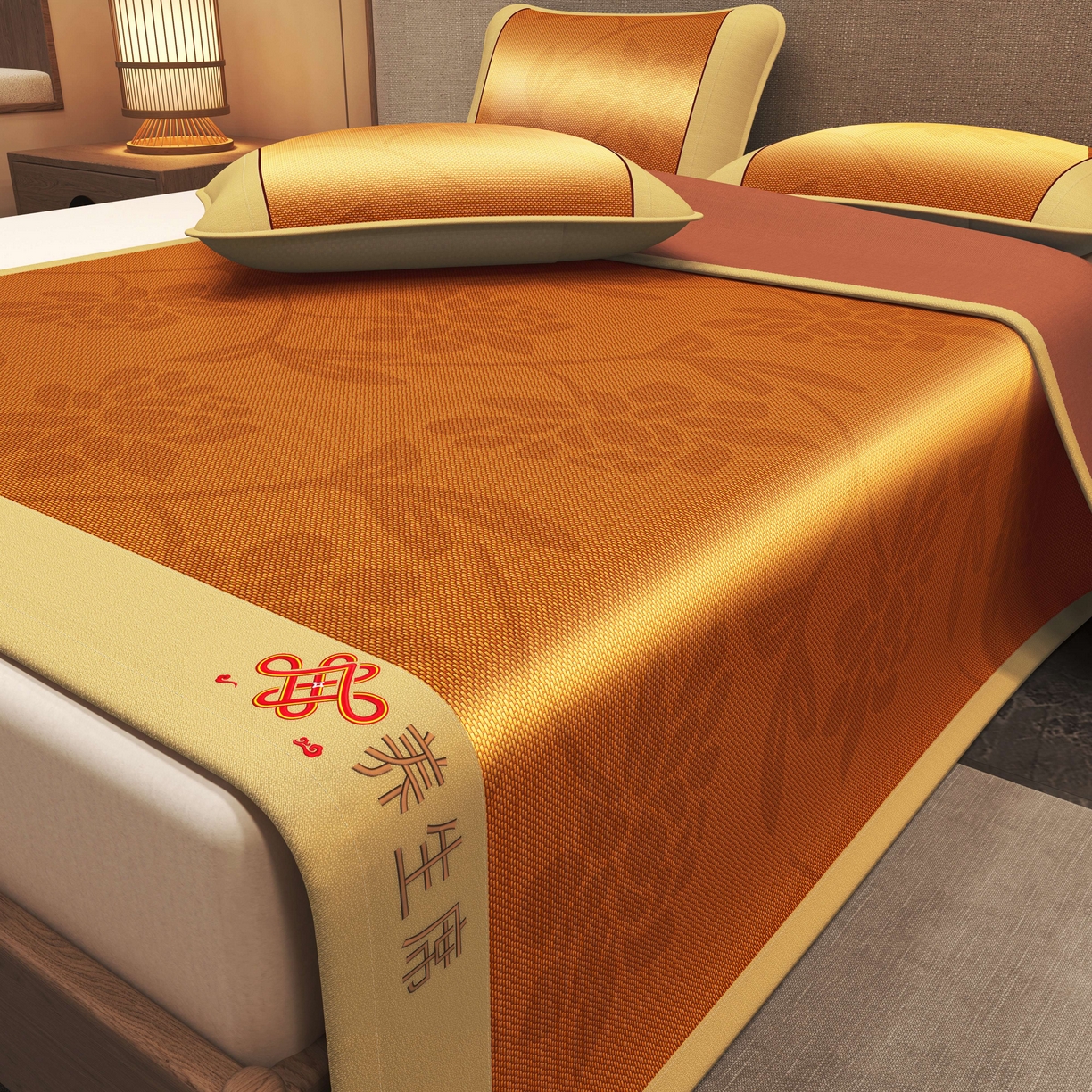 91家纺网 家纺一手货源 找家纺 小桃姐家纺 2025新款舒适艾草刺绣藤席养身席单面席中国风凉席席子 吉祥结-繁花锦