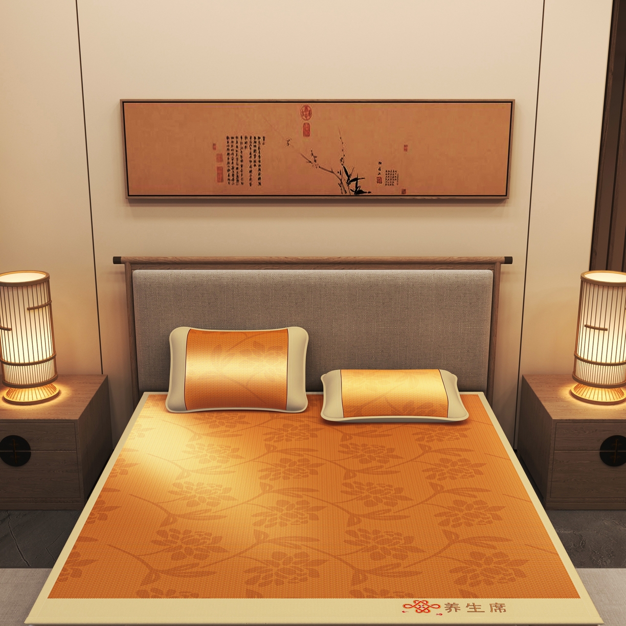 91家纺网 家纺一手货源 找家纺 小桃姐家纺 2025新款舒适艾草刺绣藤席养身席单面席中国风凉席席子 吉祥结-繁花锦