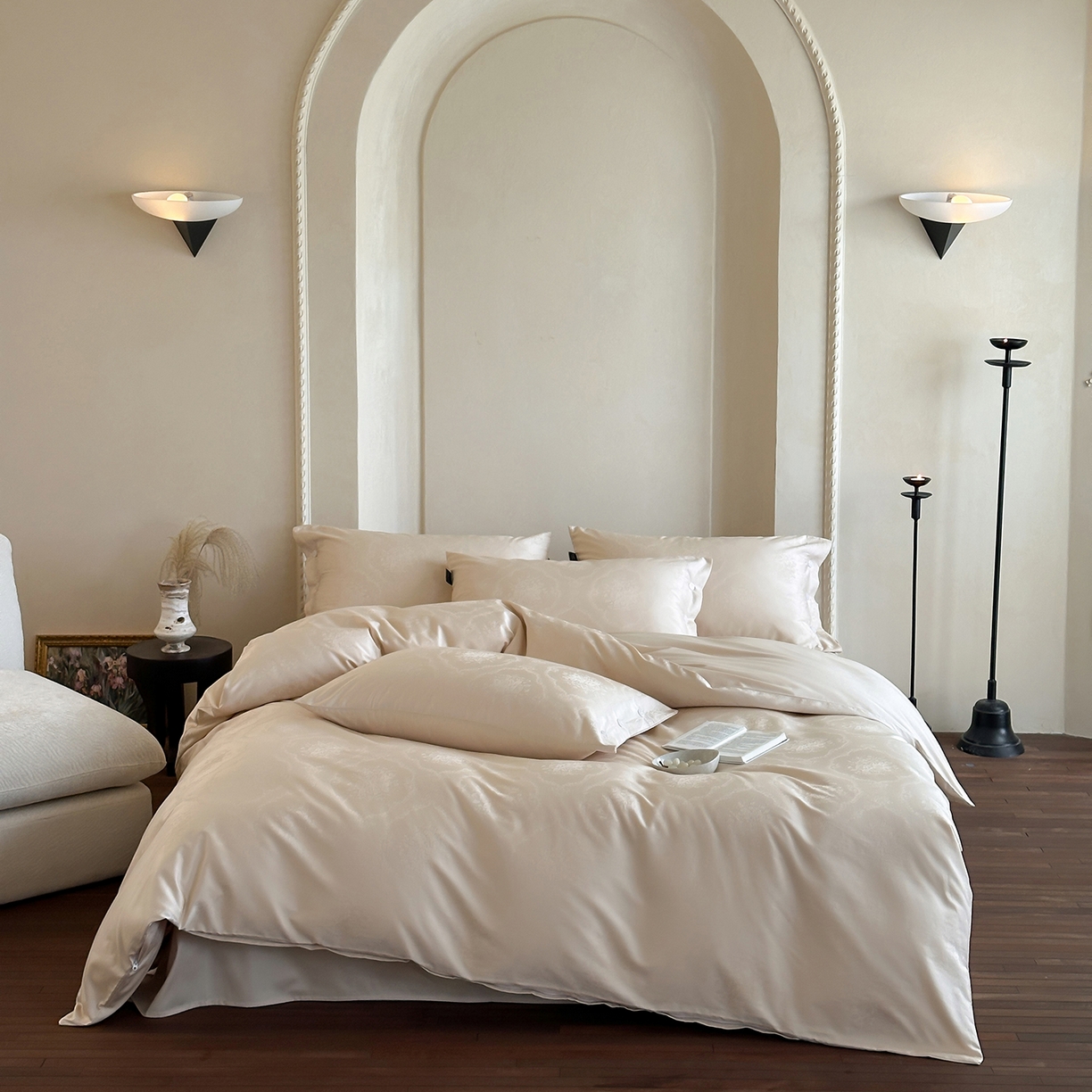 91家纺网 家纺一手货源 找家纺 三味舒屋 2026新款长绒棉全棉提花四件套-恋春系列-场景一 恋春星光