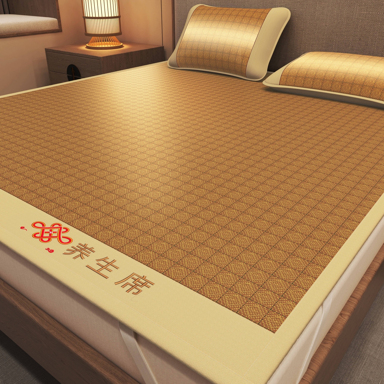 小桃姐家纺 2025新款舒适艾草刺绣藤席养身席单面席中国风凉席席子 吉祥结-罗马格