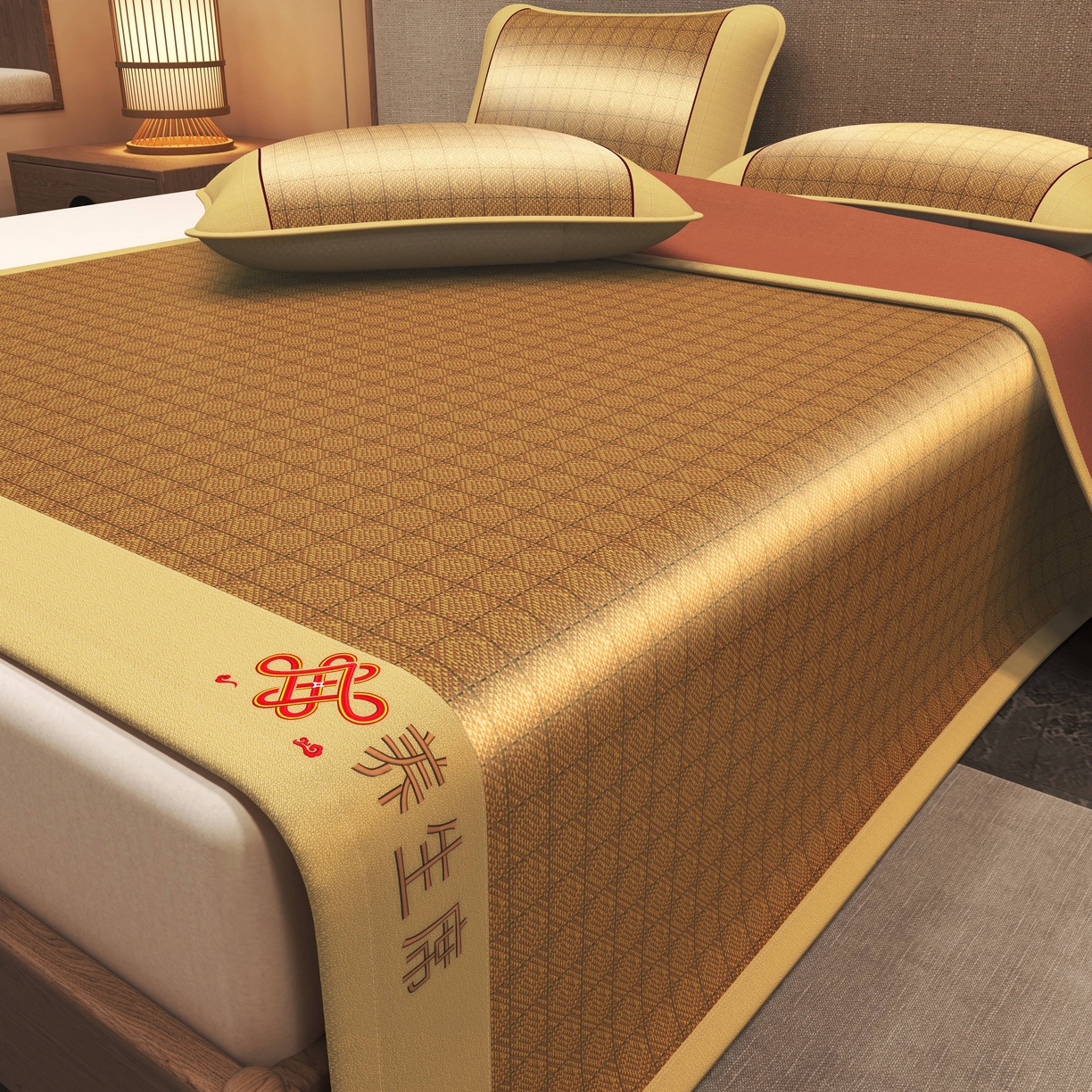 91家纺网 家纺一手货源 找家纺 小桃姐家纺 2025新款舒适艾草刺绣藤席养身席单面席中国风凉席席子 吉祥结-罗马格